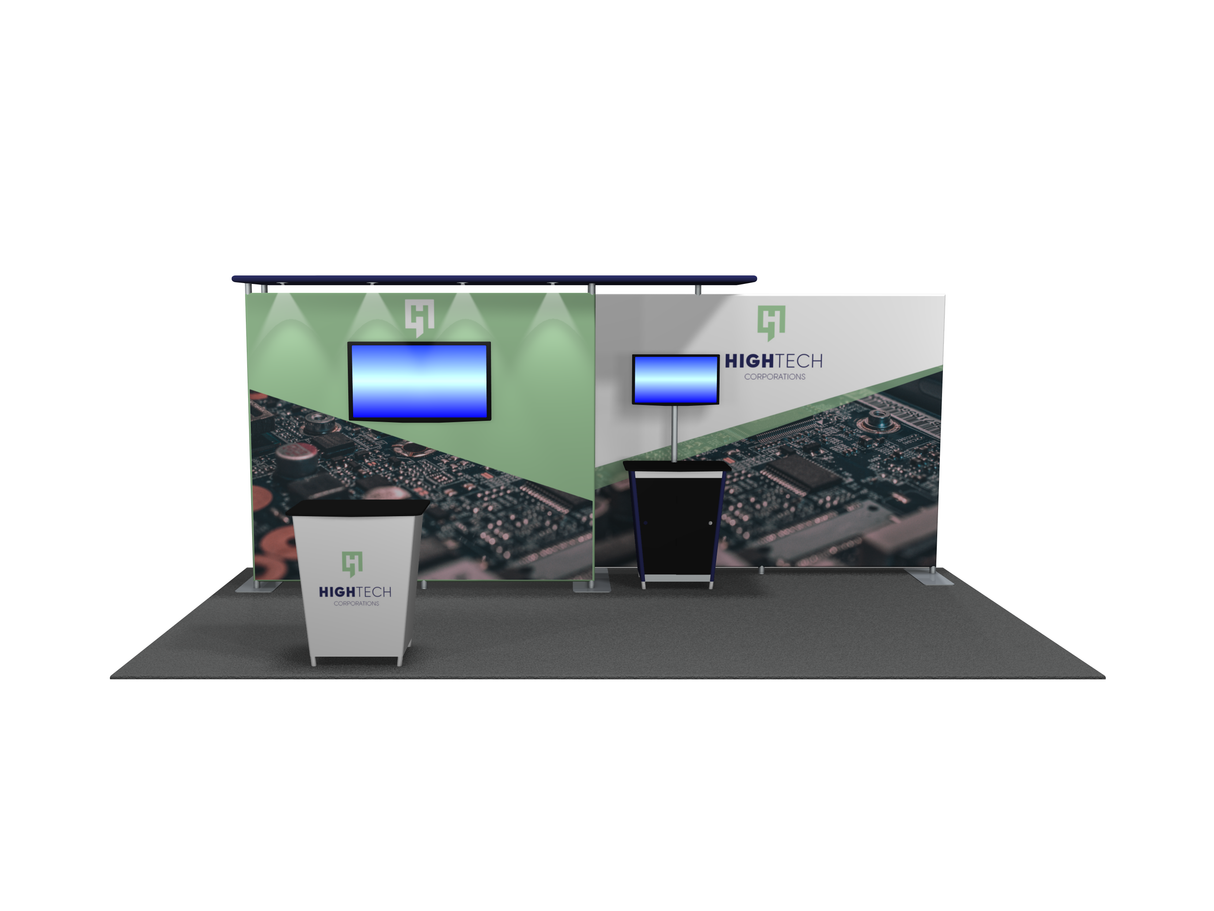 A 10'x20' portable trade show booth with vibrant LED lighting and a lightweight aluminum frame. Includes a counter and a display area with monitors.