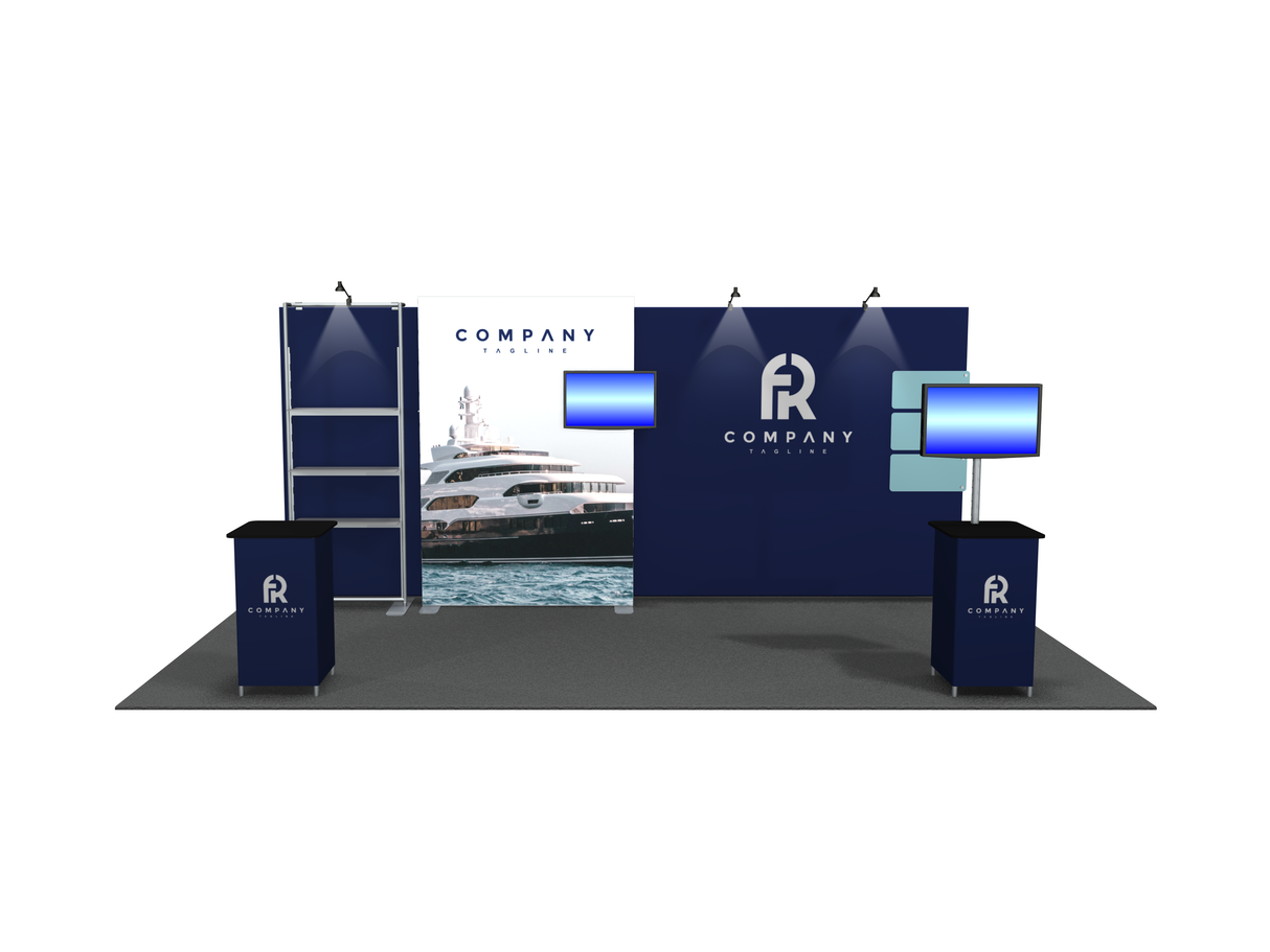 A 10'x20' backlit trade show booth with vibrant LED graphics, featuring kiosks, monitor mounts, and branded pedestals.